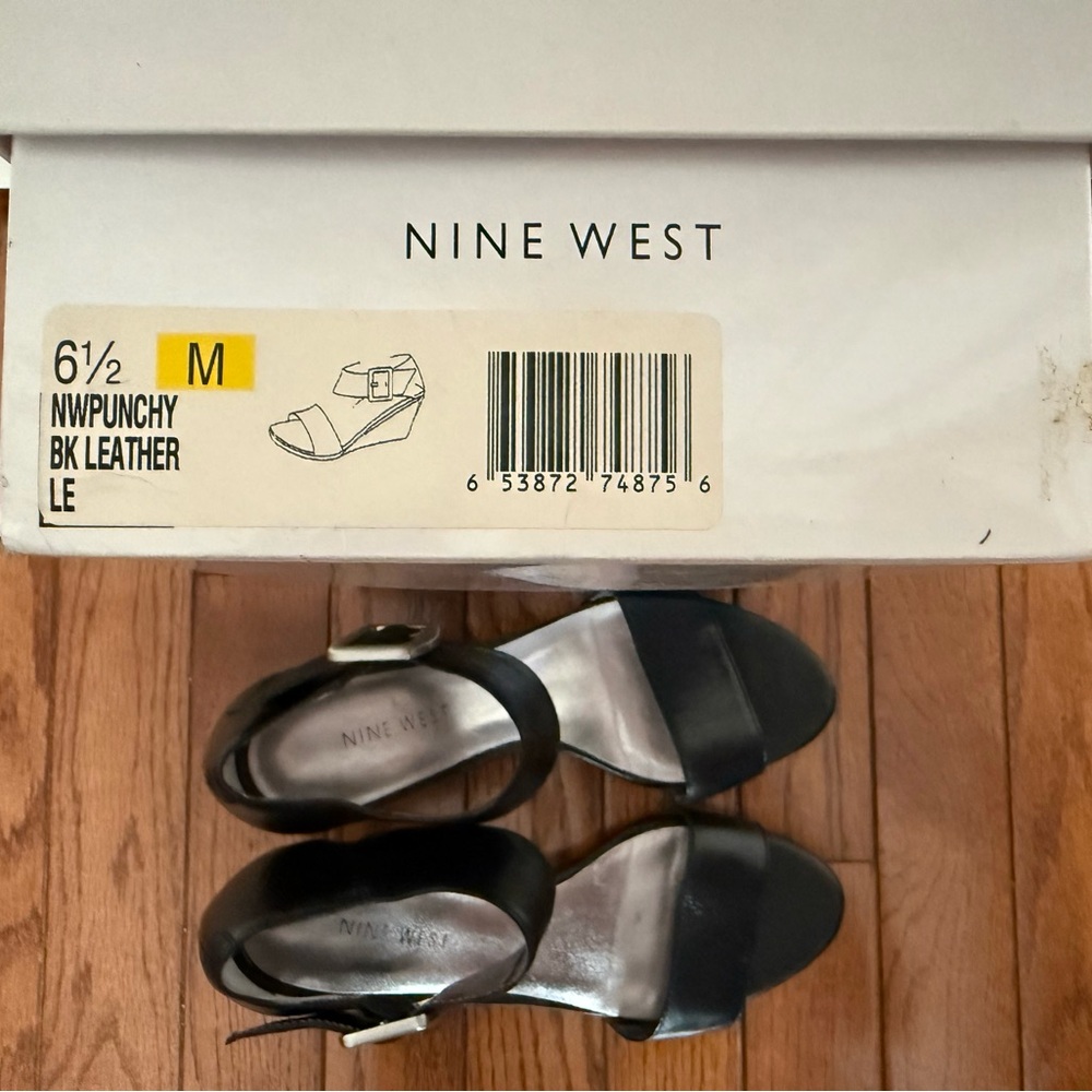 Nine West Black Leather Wedge Sandals with Buckle Accent - Picture 2 of 8
